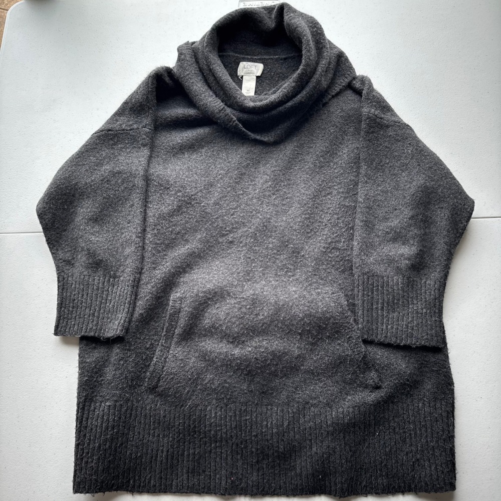 Wool Blend Soft Knit LOFT Lounge Charcoal Gray Cowl‎ Neck Pocket Sweater Size M